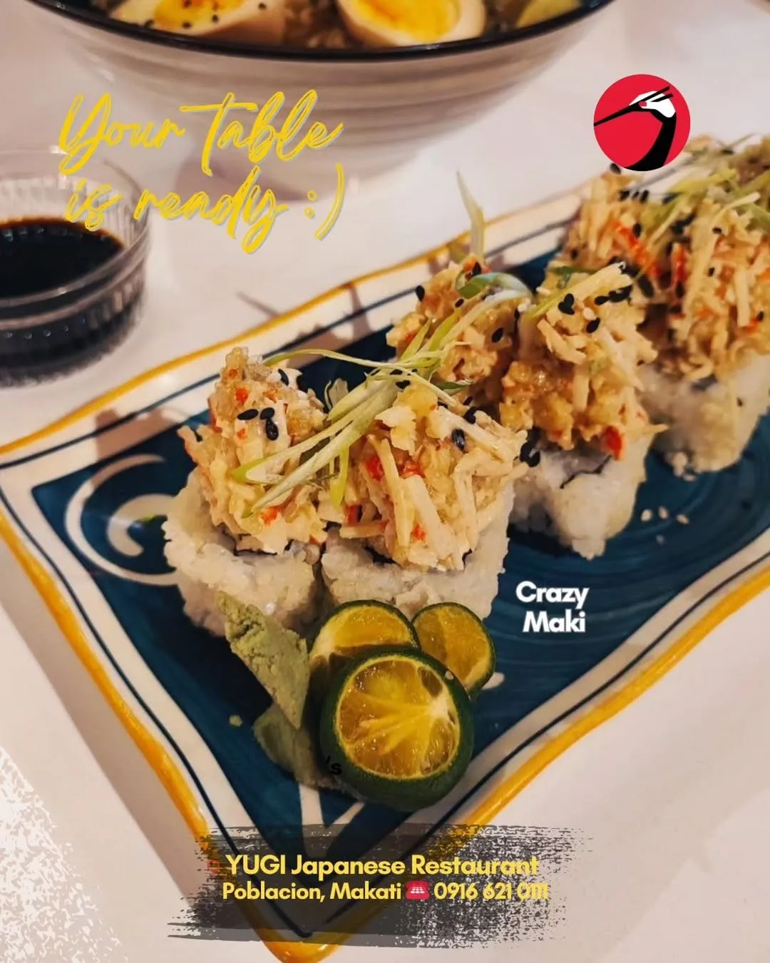 Crazy maki sushi rolls on a long ceramic plate