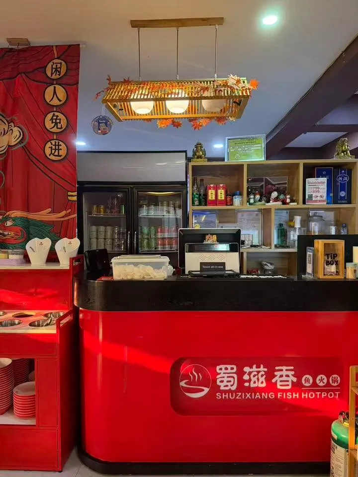 Red hotpot buffet counter and dining room