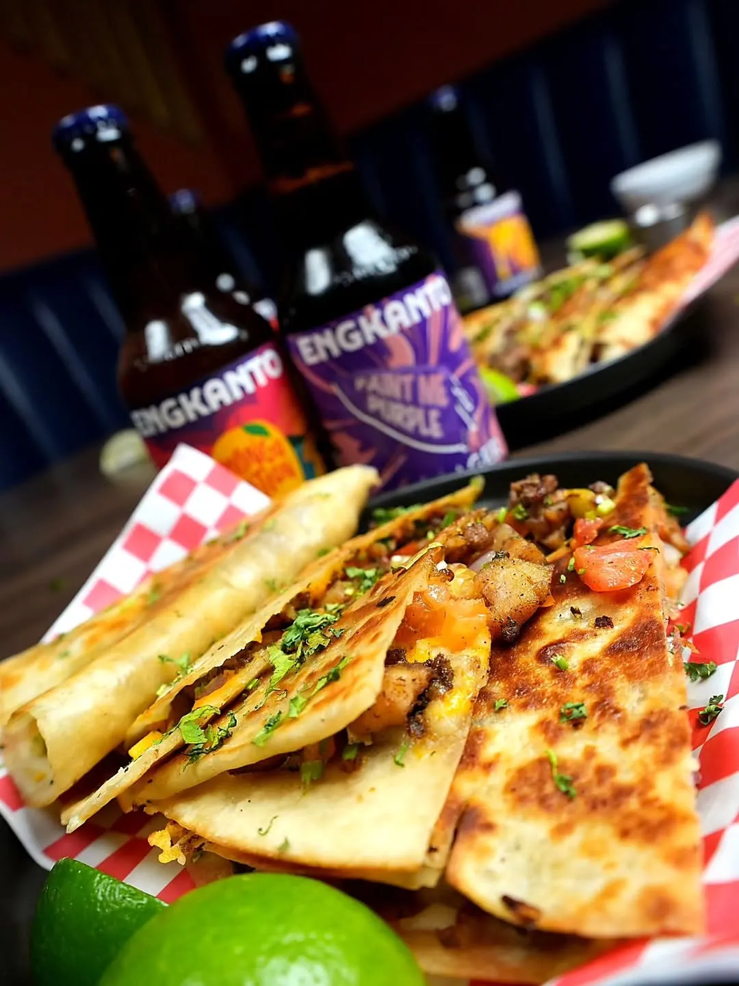 Toasted quesadilla wedges with fries and sauce