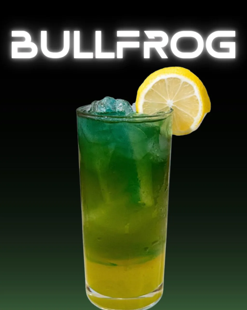Layered green and gold Bullfrog cocktail with a lemon slice.