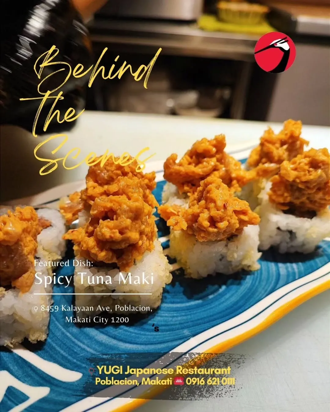 Spicy tuna maki rolls arranged on a dark plate