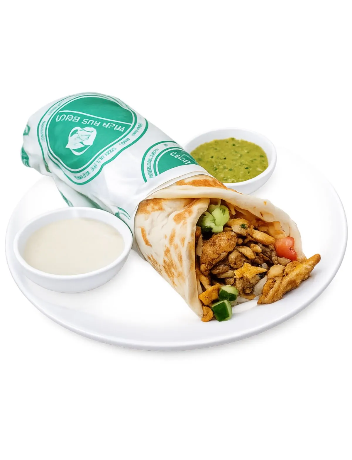 Chicken shawarma wrap on a plate with tahini and green sauce.