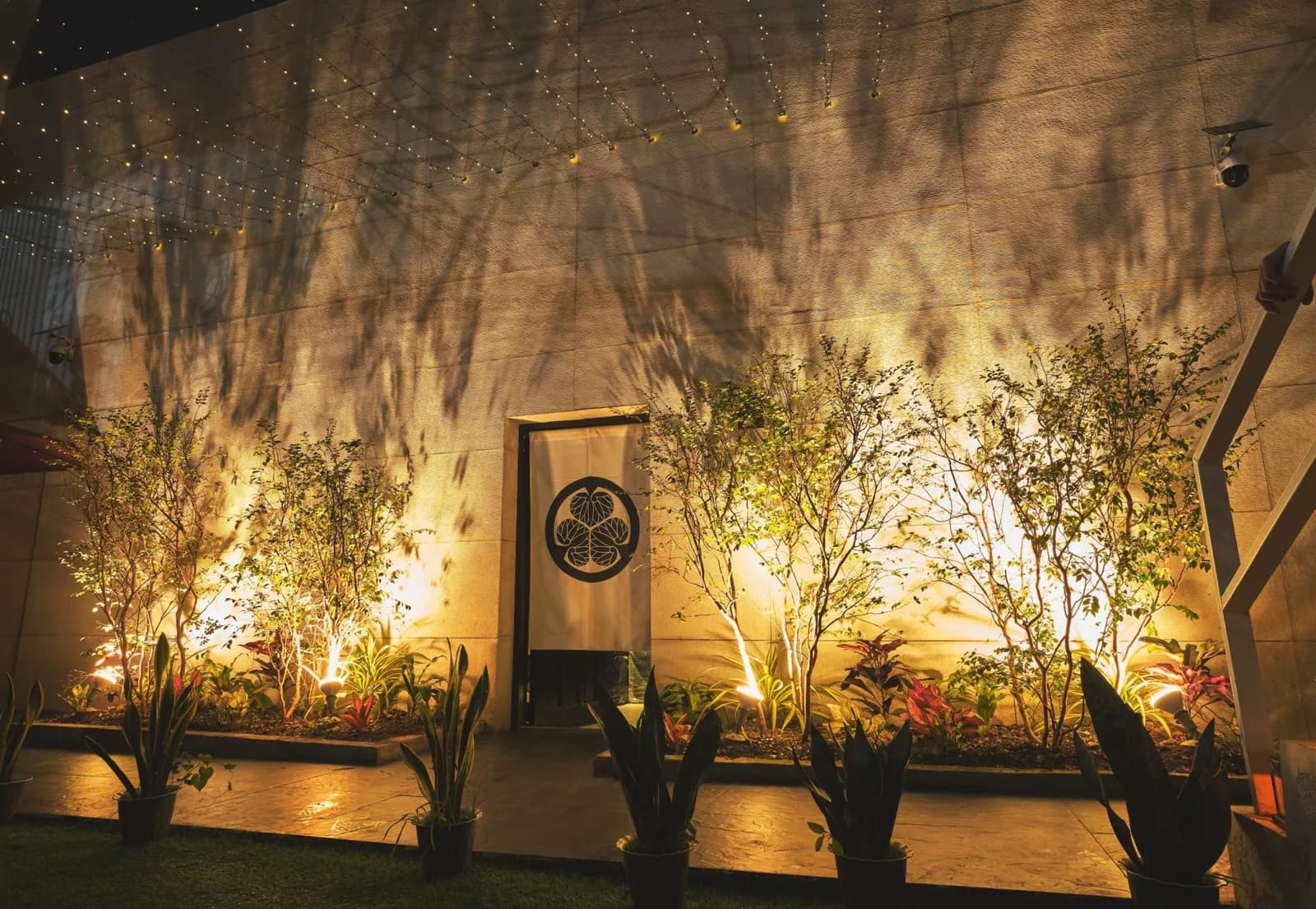 Restaurant entrance and garden wall lit warmly after dark