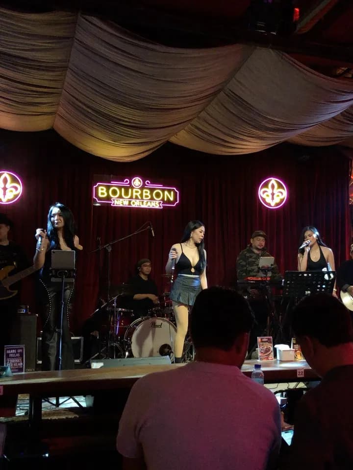 Wide view of the live band stage inside the bar