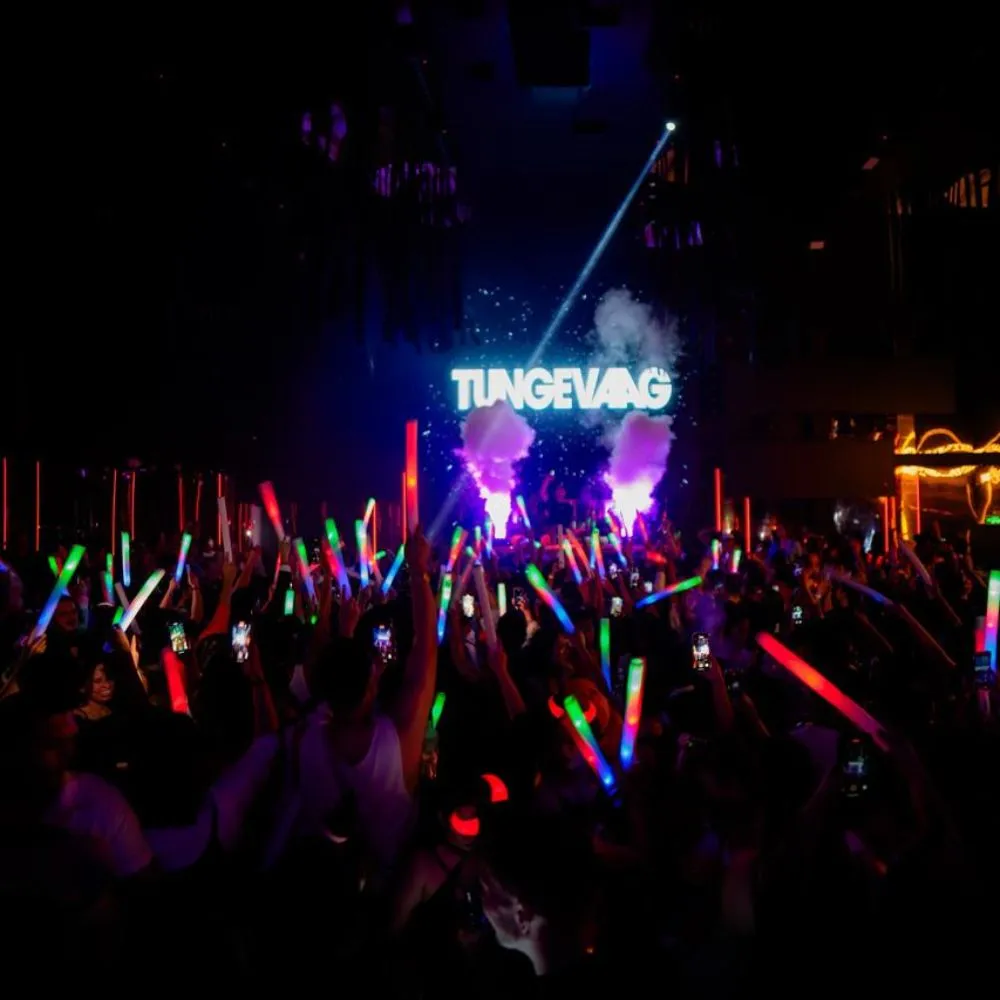 Crowded Octopus dance floor with glow sticks, stage smoke and blue lighting.