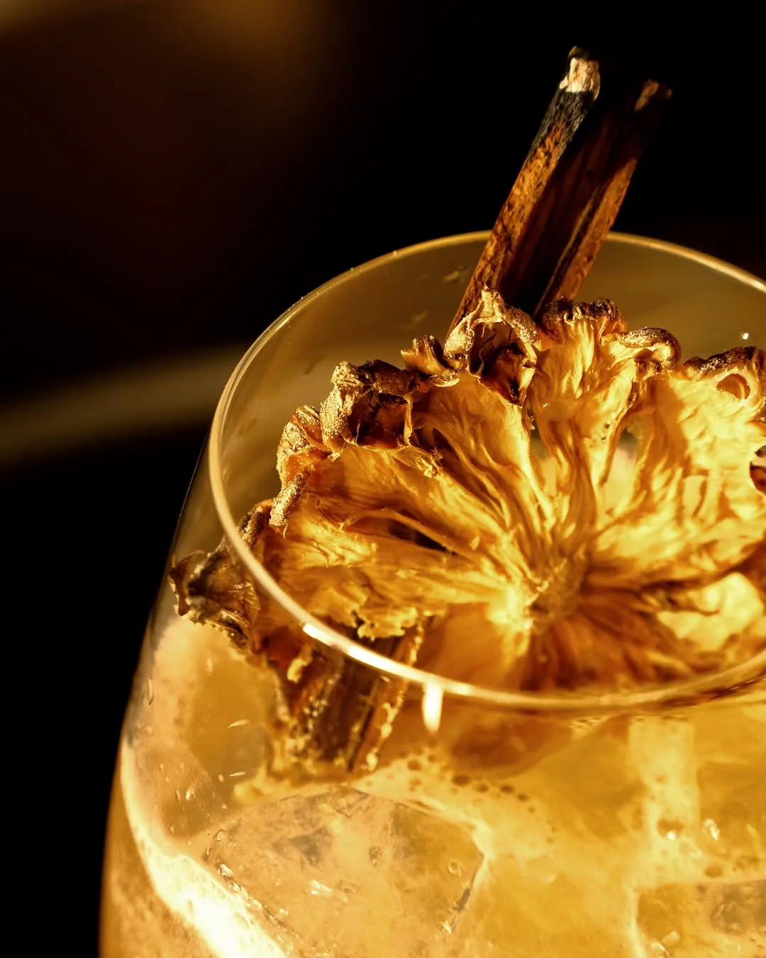 A pale cocktail served with a dramatic botanical garnish.
