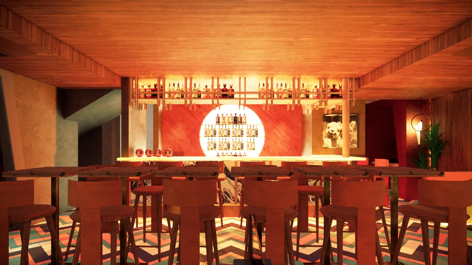 Japonesa's bar and dining room with warm wood finishes