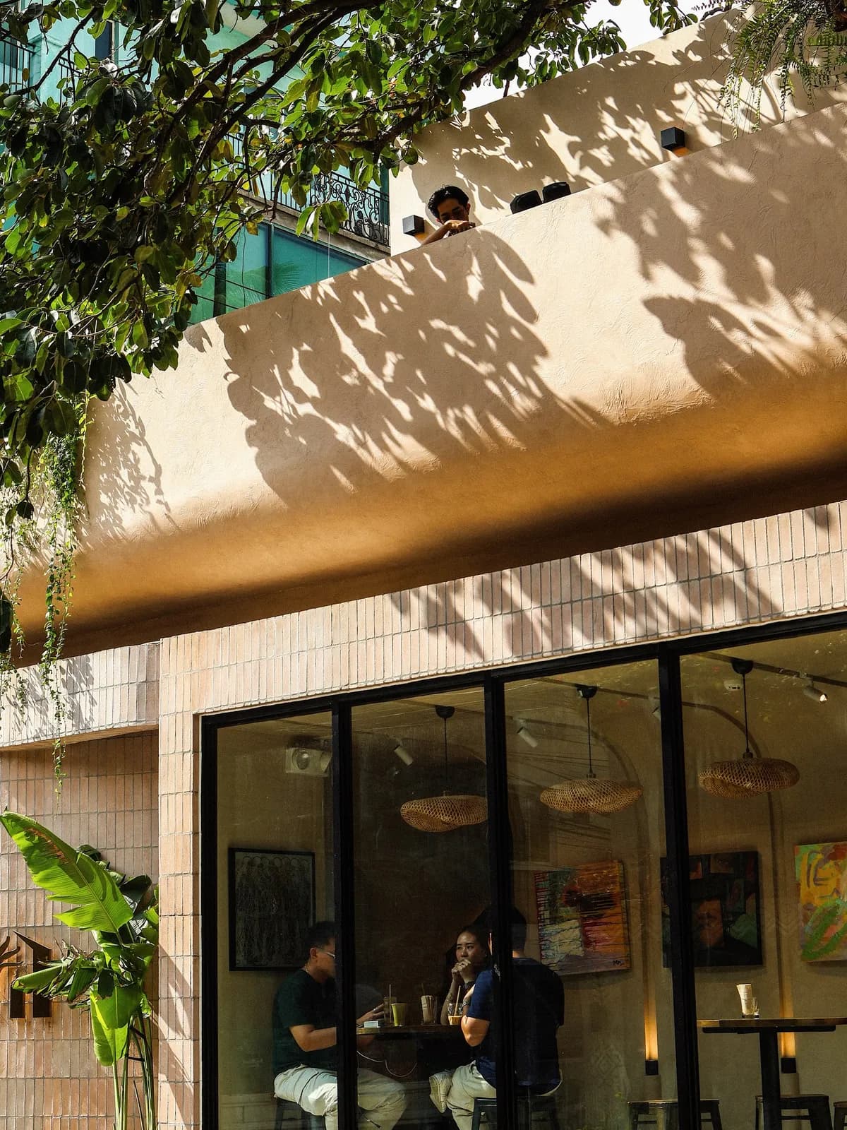 Sunlight through the big tree onto the café's curved front, with guests at tables inside.