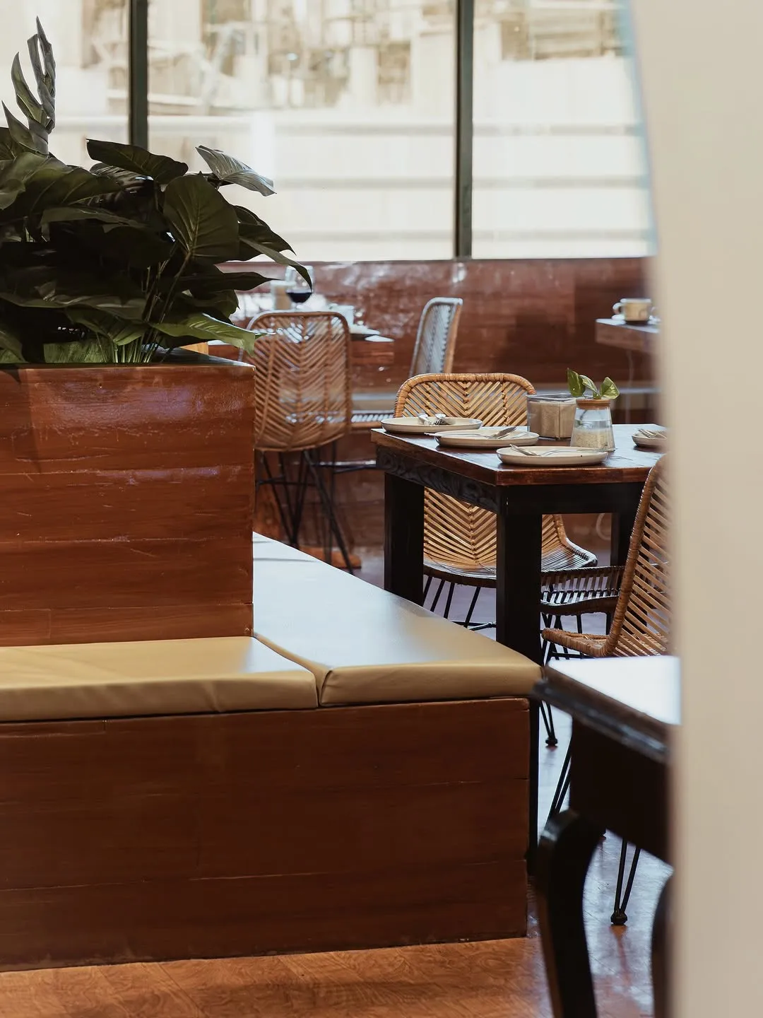 Rooftop dining tables beside bamboo screening and plants