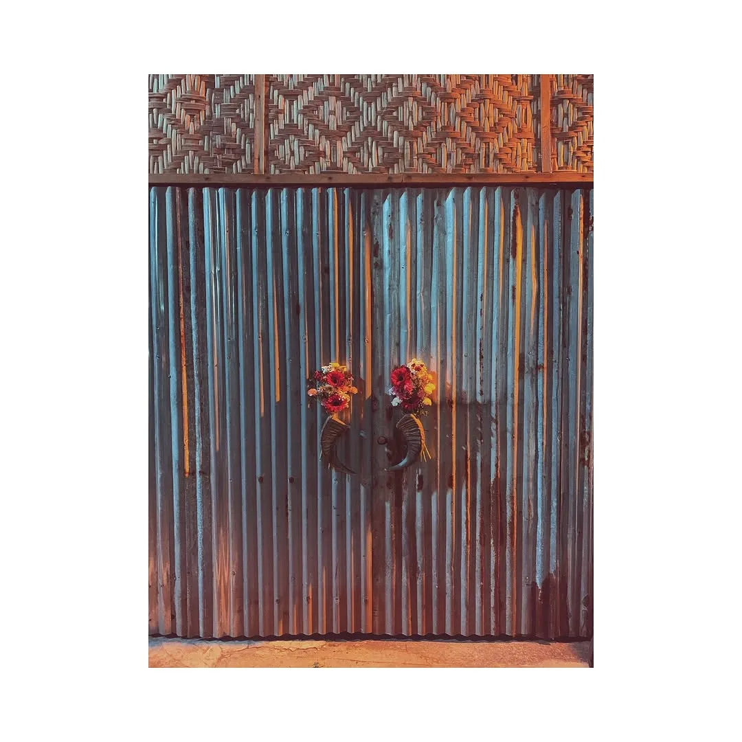 Weathered corrugated-metal front door with horn-shaped handles holding small flower bunches