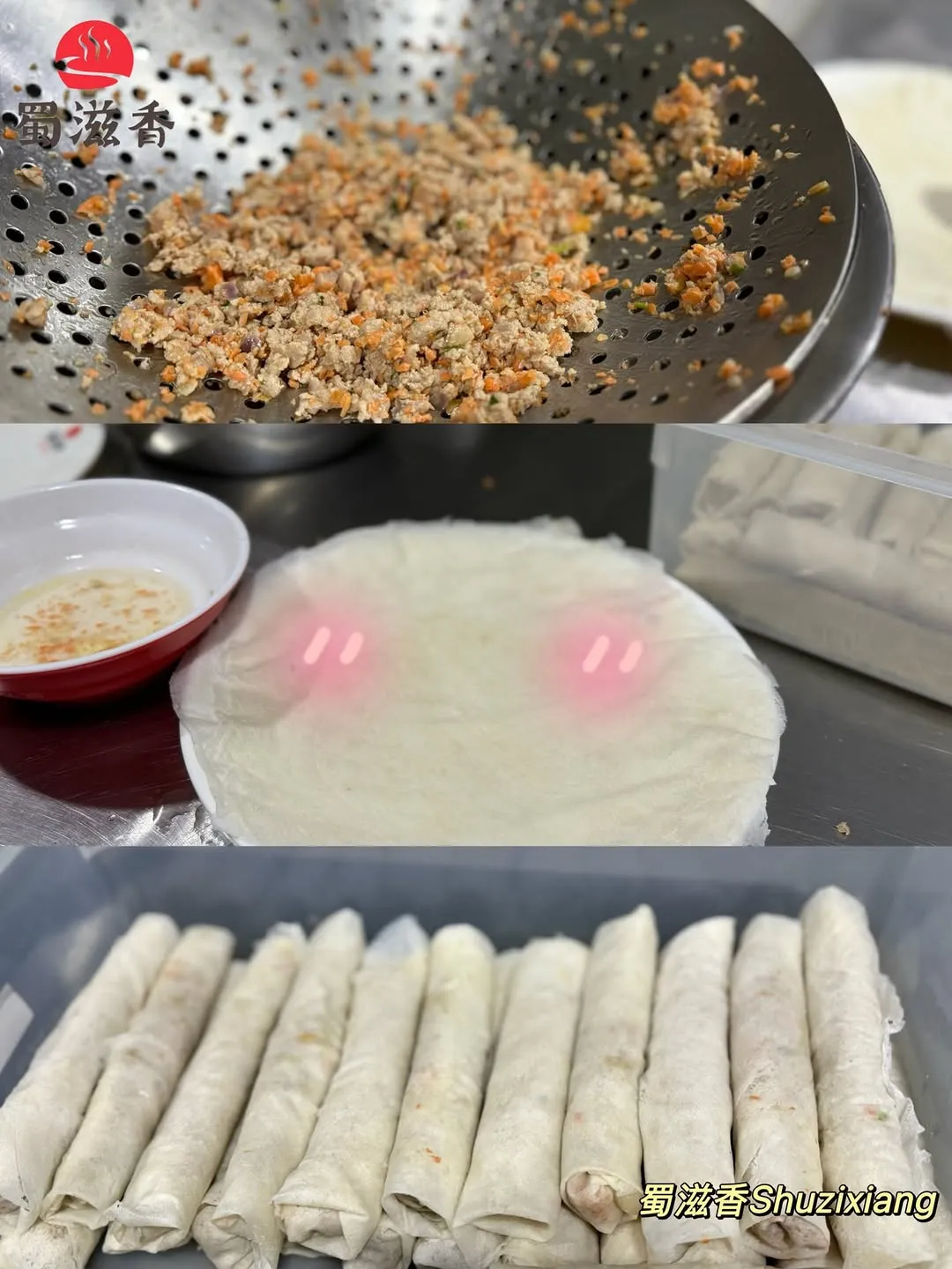 Fresh spring rolls beside a divided hotpot