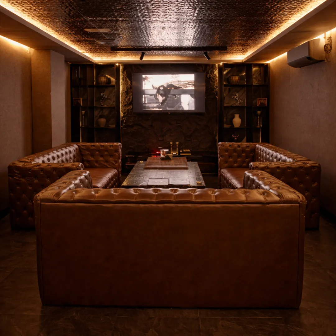 Private lounge with brown leather sofas and a television