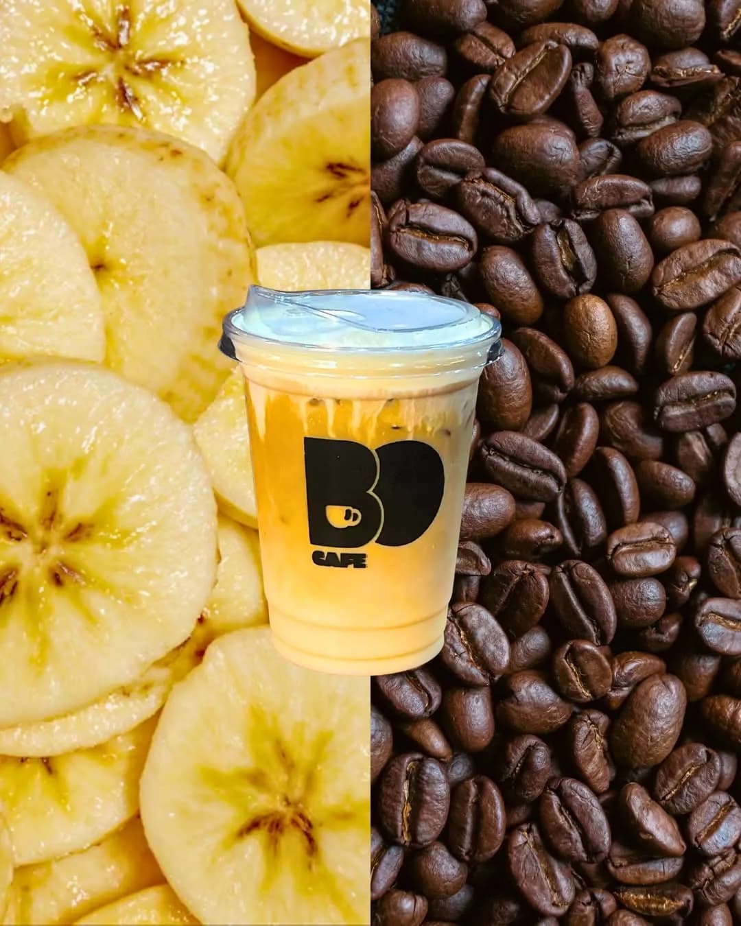 Two iced coffee drinks beside banana chips and coffee beans