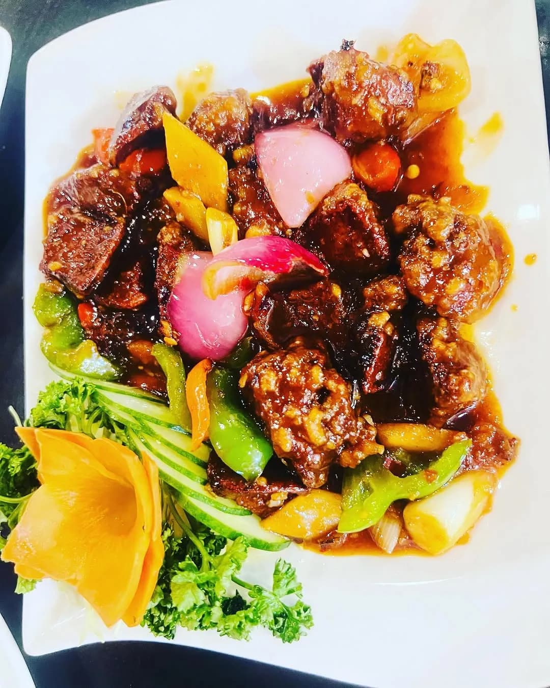 Sautéed pork liver with vegetables and rice